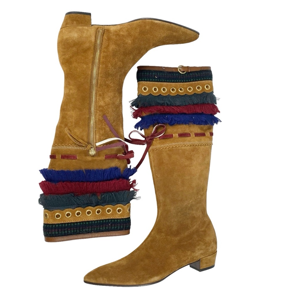 Miu Miu Camel Suede Embellished Tall Boots Size 39.5 US 9.5 Pointed Toe Boho
